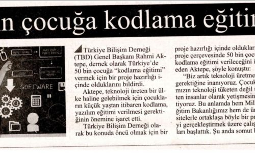 TBD 50 Bin Çocuğa Kodlama Eğitimi Verecek – Diriliş Postası