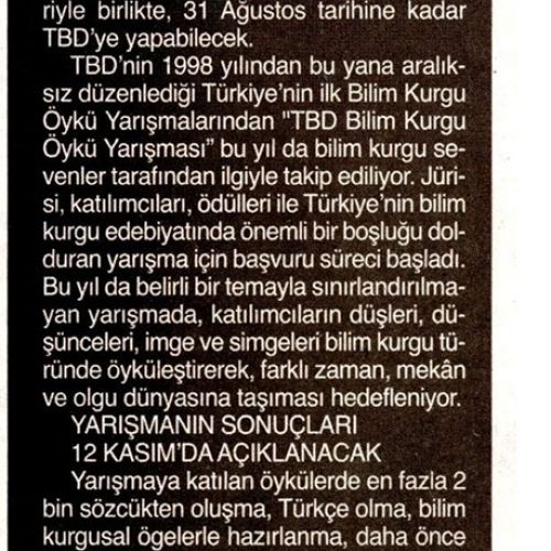 `TBD Bilim Kurgu Öykü Yarışması 20 Yaşında – BİZİM ANADOLU GAZETESİ