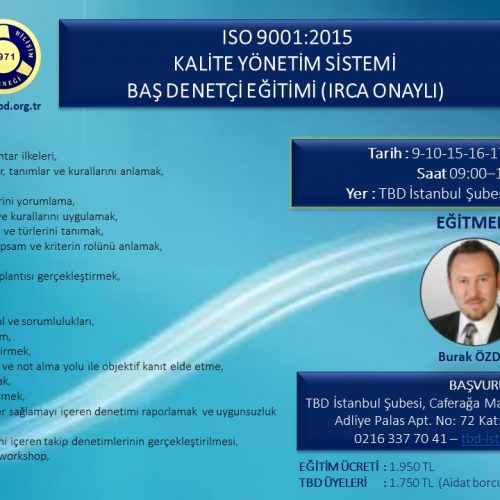 ISO 9001:2015 KALİTE YÖNETİM SİSTEMİ BAŞ DENETÇİ EĞİTİMİ (IRCA ONAYLI)
