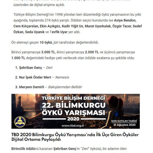 TBD 2020 Bilimkurgu Öykü Yarışması Sonuçları Açıklandı – KAYIP RIHTIM