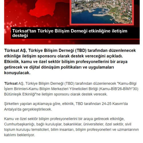 Türksat AŞ, Kamu-Bilgi İşlem Birimleri-Kamu Bilişim Merkezleri Yöneticileri Birliği Etkinliği’ne İletişim Sponsoru Olarak Destek Verecek – HABERLER
