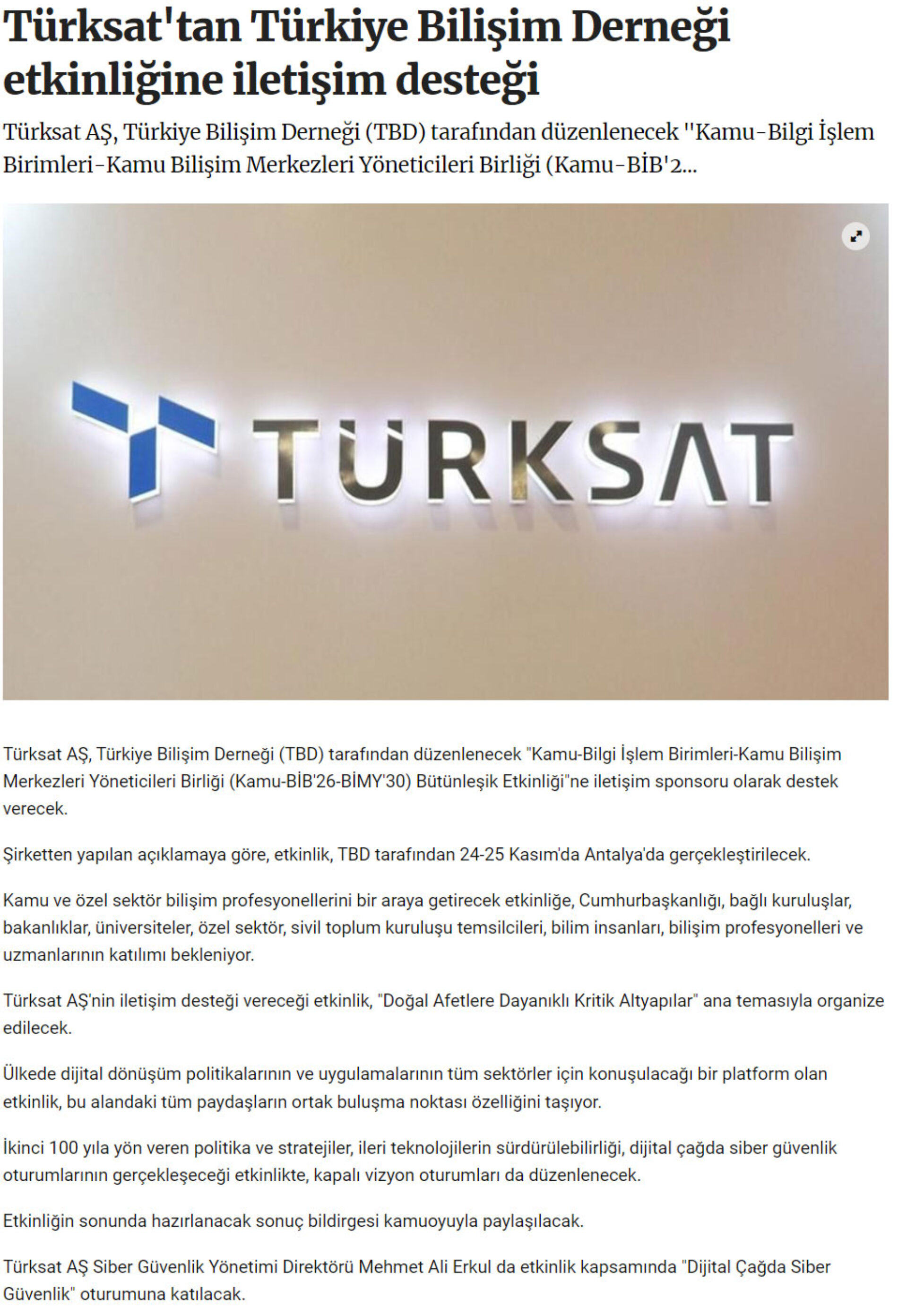 Türksat’tan Türkiye Bilişim Derneği Etkinliğine İletişim Desteği – AÇIK SÖZ