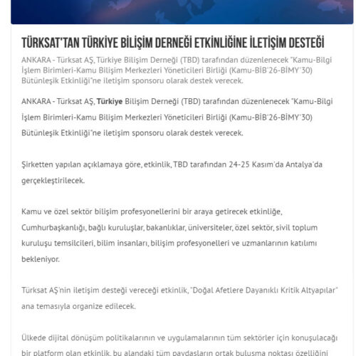 Türksat’tan Türkiye Bilişim Derneği Etkinliğine İletişim Desteği – DİYADİNNET